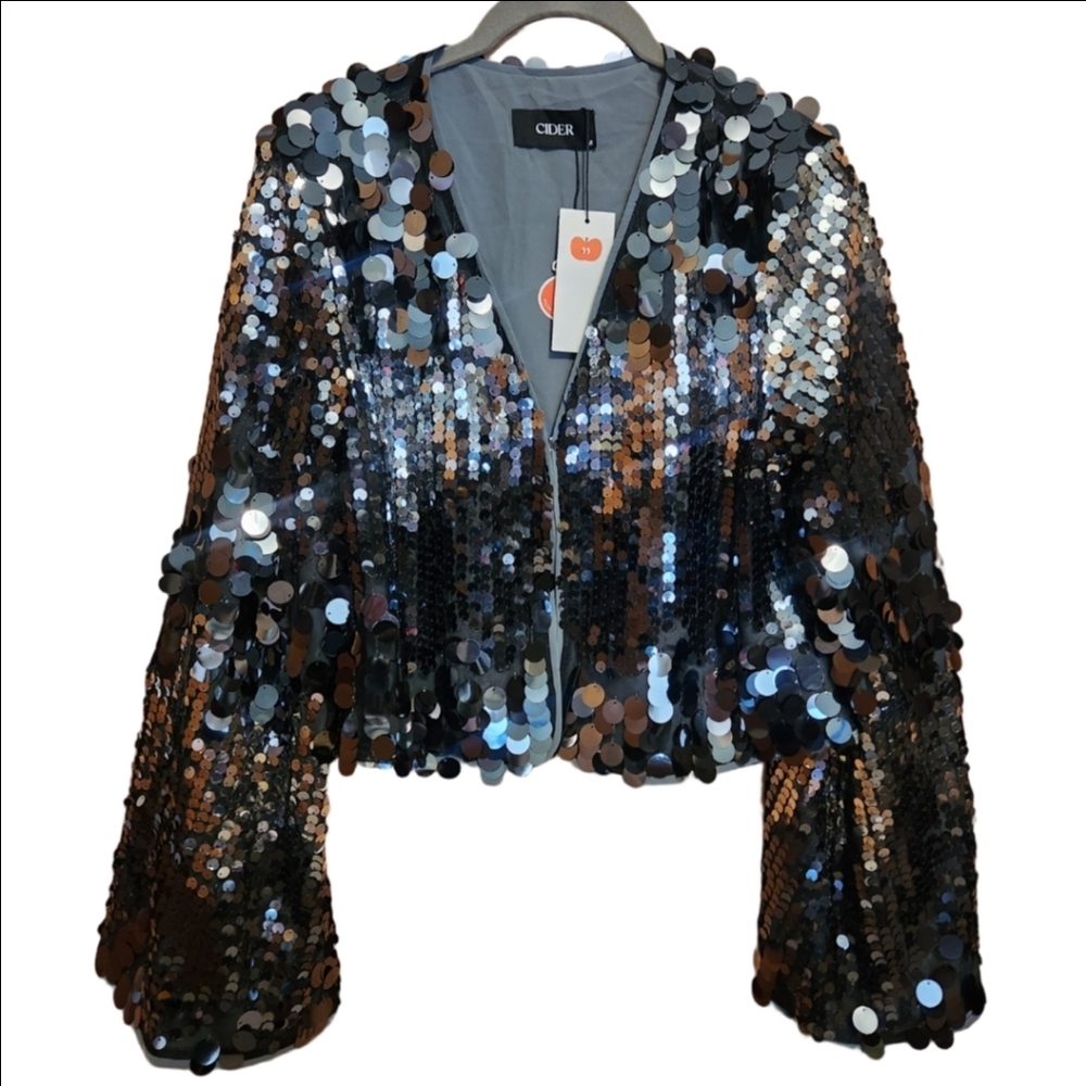 Cider Iridescent Sequin Jacket in Silver and Black